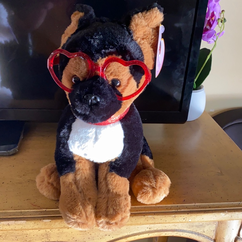 FAO Schwarz 12" German Shepherd Plush with Red Heart-Shaped Glasses